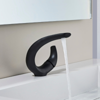 Grifo de lavabo moderno contemporáneo de latón, monomando alto, montado en encimera, superficie en negro, válvula cerámica, para baño.