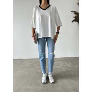 T-shirt basique simple pour femme, col en V, 100% coton jersey, respirant, manches courtes, vêtement décontracté - Product Image 3