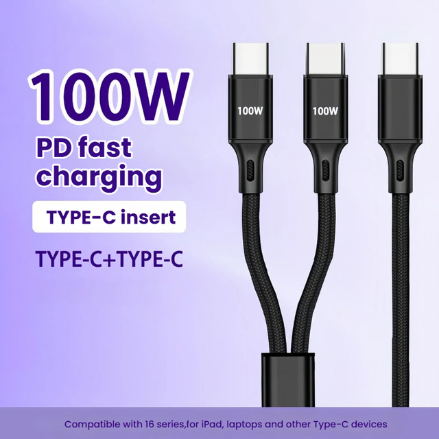 Hot Sale 2 in 1 Nylon Braided Cable Type-C to C+C 100W PD Fast Charging Data Cable for iPhone for Samsung for HUAWEI for Tablet