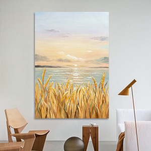 Peinture à l'huile peinte à la main, champ de blé doré, paysage marin, décoration minimaliste moderne pour salon, art mural de grande taille sans cadre - Product Image 1