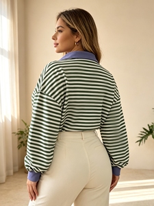 Sudadera de moda de talla grande con cuello polo a rayas, hombros caídos, manga larga, estilo casual y bloques de color - Product Image 3