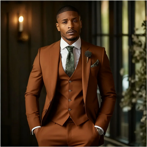 Costume <span class=keywords><strong>de</strong></span> smoking élégant 3 pièces pour <span class=keywords><strong>homme</strong></span>, couleur orange brûlé, avec <span class=keywords><strong>veste</strong></span> à revers crantés, gilet et pantalon, idéal pour mariage et garçons d'honneur - Product Image 2