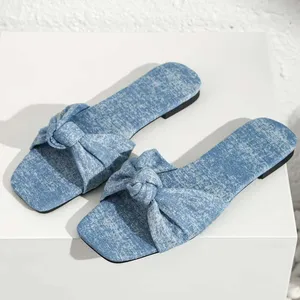 Kadınlar için Denim kare kafa yaz flip-flop dışında kadınlar için plaj sandaletleri slaytlar nefes tuval bayanlar düz terlik