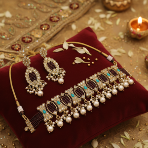 Quality Ethnic New Prime Antique <b>Gold</b> Plated Alloy Turquoise Anniversary Wedding Engagement Party Necklace <b>Set</b> Earrings Maang - Product Image 3