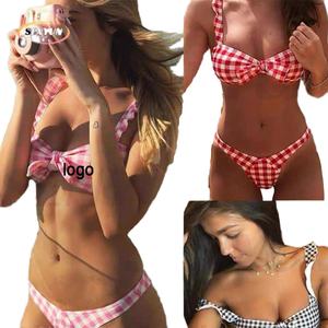 Bikini Triangular Sexy para Mujer, de Secado Rápido, con Estampado a Cuadros y Diseño Sólido, Nuevo Conjunto de Dos Piezas con Lazos, Hecho con Tela Especial para Comercio Exterior - Product Image 1