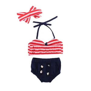 Costume da bagno stile caldo costume da bagno Bikini per bambini a tre pezzi a righe rosse estive per bambini
