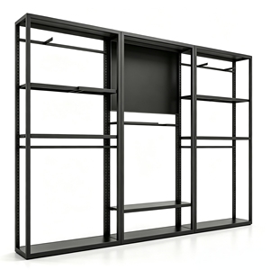 Espositore Multifunzionale Moderno in Metallo Nero per Negozi, con Barre Sospese e Cornice Illuminata per Poster, Personalizzabile - Product Image 1