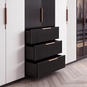 Armoire moderne <span class=keywords><strong>en</strong></span> bois <span class=keywords><strong>noir</strong></span> <span class=keywords><strong>et</strong></span> <span class=keywords><strong>blanc</strong></span> avec portes à panneaux plats <span class=keywords><strong>et</strong></span> poignées métalliques, 4 tiroirs, meuble de chambre à coucher gain de place - Product Image 4