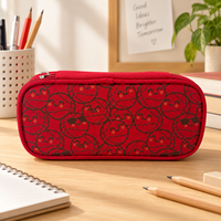 Étui rigide pour crayons en tissu Oxford rouge avec poche en maille à imprimé smiley et boucles élastiques pour stylos