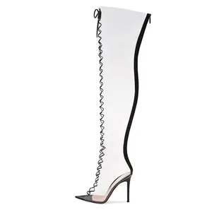 <span class=keywords><strong>Lace</strong></span> Up <span class=keywords><strong>Peep</strong></span> <span class=keywords><strong>Toe</strong></span> yüksek topuk şeffaf ayakkabı 2020 kadın uyluk yüksek çizmeler - Product Image 1