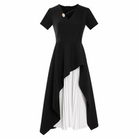Robe midi vintage pour femme à taille empire avec manches courtes à volants, contraste noir et blanc, idéale pour le bureau