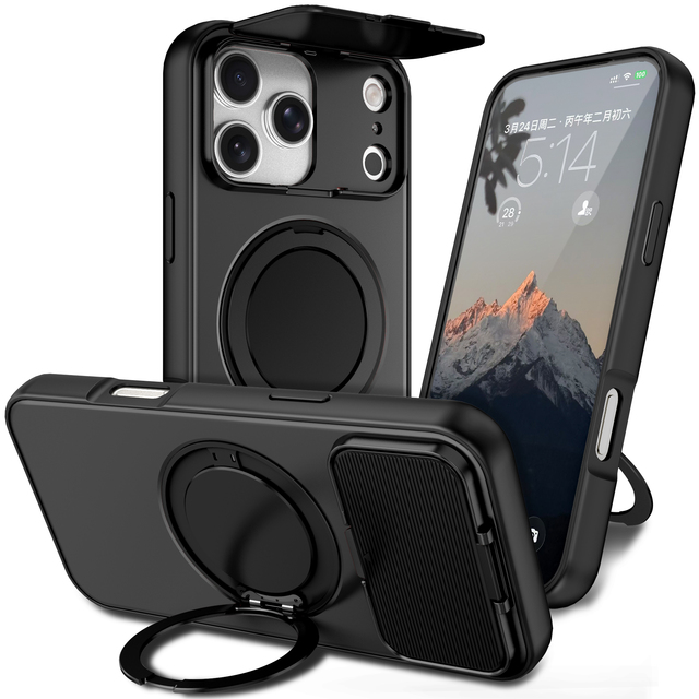 OMEVE for iPhone 17 Pro Max Case 16 Plus 15 with Ring Holder & Camera Cover Magnetic Accessory Friendly Shockproof Phone Case