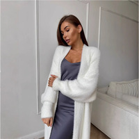 Herbst Winter Atmungsaktiver Langer Cardigan Damen Kunstnerz Weißer Strick Oversize Pullover Mantel Maxi V-Ausschnitt Lässig Locker Polyester