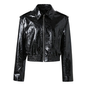 Dernier modèle de veste en cuir véritable pour femme, coupe courte, en cuir verni <span class=keywords><strong>noir</strong></span>, taille cintrée - Product Image 1