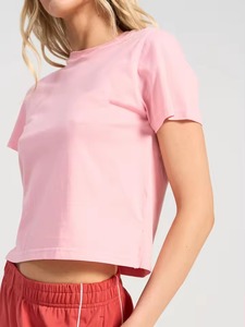 Camiseta Corta Rosa para Mujer, Cuello Redondo, Color Sólido, Informal, de Jersey de Algodón Transpirable, para Primavera y Verano - Product Image 3