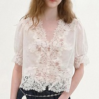 Chemisier T-shirt Femme Personnalisé en Gros, Couleur Unie, Boutonné, en Dentelle, Manches Courtes