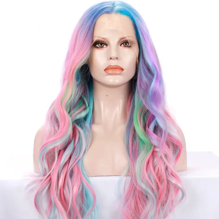 Celebrity Mermaid Color Synthetic Wig Factory Price Heat Resistant Fiber synthetic Wigs holographic hairrainbow hair wig