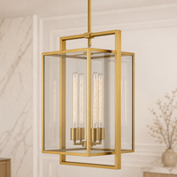 Lustre suspendu moderne en métal doré rectangulaire à 3 lumières pour hall d'hôtel, salle à manger, projets
