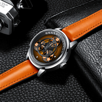 Montre-bracelet mécanique automatique squelette personnalisée pour homme, étanche, avec verre saphir, bracelet en acier inoxydable et cuir, réserve de marche
