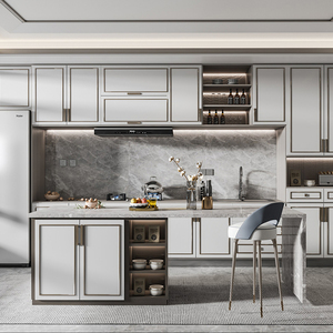 Meubles de villa, armoires de cuisine modulaires modernes en laque blanche personnalisées, peintes en gris et blanc, style lignes simples - Product Image 3