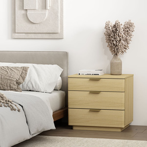 Nightstand In Natural Oak Wood 3 <b>Drawer</b> <b>Storage</b> Unit <b>For</b> Bedroom - Product Image 2