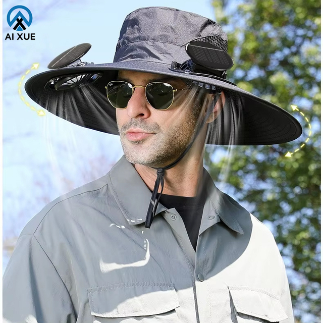 Rechargeable Solar Fan Hat - Adjustable Wide Brim 15cm) Fishing Cap with Dual Cooling Fans & UV Protection