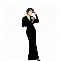 Robe noire à col en V et manches chauve-souris de style européen et américain pour femmes : une robe longue décontractée et ample en velours
