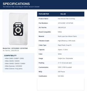 <span class=keywords><strong>Pièces</strong></span> <span class=keywords><strong>détachées</strong></span> pour aspirateur <span class=keywords><strong>Nilfisk</strong></span> : sacs à poussière et filtres non tissés personnalisés OEM/ODM, haute efficacité, écologiques, pour usage domestique - Product Image 3