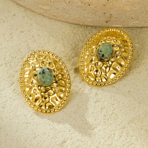 Đồ Trang Sức Tốt Phụ Nữ Thép Không Gỉ Màu Xanh Lá Cây Ngọc Tự Nhiên Đá Retro Stud Bông Tai Hình Dạng Hình Bầu Dục Khuyên Tai Kết Cấu búa Phụ Kiện - Product Image 4