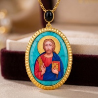Pendentif icône orthodoxe de la Bénédiction de Christ, en lapis-lazuli, pierre précieuse religieuse, peint à la main, style byzantin