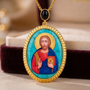 Icono de Cristo el Bendito, Colgante de Icono de Santo Ortodoxo, Lapislázuli, Gema Religiosa, Bizantinismo, Pintado a Mano - Product Image 1