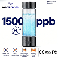 Bouteille d'eau hydrogénée rechargeable certifiée CE RoHS 1500ppb avec inhalation, 460ml, autonettoyante, antioxydante, pour la santé, OEM ODM