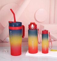 Lot de 3 Gourdes en Plastique Bouteille d'Eau Dégradée de 40 oz avec Paille et Poignée pour Sport et Gym