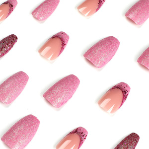 Faux ongles en gel français rose et violet de haute qualité, paillettes, séquins, faux ongles simples, rectangulaires moyens, ongles artificiels - Product Image 3