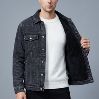 Veste d'hiver en gros pour hommes, doublure Sherpa, imprimée, en jean noir délavé, style camionneur, streetwear, polaire chaude, fournisseur de chemises pour hommes