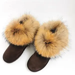 2020 Winter Boot Shoes Warm BIg Fluffy Raccoon Fur Lined Snow Boots Women Winter Real Fur Boots For Ladies and Kids