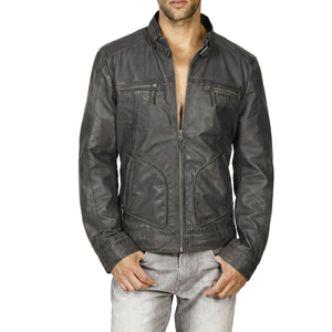 Custom Men's KLJM6 High Quality Sheep Skin Leather 100% Cotton Jacket <b>Mint</b> Color Waxed Edges Canvas Stand Collar Windproof - Product Image 4