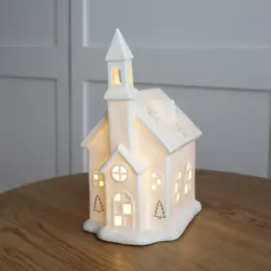 Großhandel benutzer definierte Weihnachts geschenk Dekoration Porzellan beleuchtet Keramik Weihnachten Dorfhaus mit LED für Zuhause