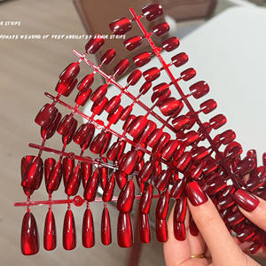 30 faux ongles magnétiques œil <span class=keywords><strong>de</strong></span> chat rouges porte-bonheur, réutilisables, couvrance totale, formes amande, carrée, cercueil, brillants, bordeaux, à presser - Product Image 2