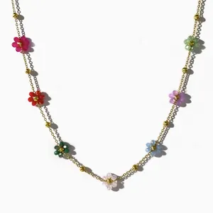 Waterproof Stainless Steel Gold Plated Chain Rainbow Beaded Floral Choker Necklace Girl Colorful Daisy Flower Necklace