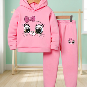 Conjunto Deportivo de 2 Piezas con Capucha de Gato de Dibujos Animados Rosa para Niñas, Estilo Casual de Otoño - Product Image 4