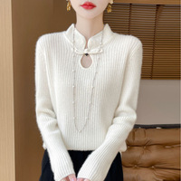Pull-over décontracté en laine/nylon tricoté pour femme, style chinois, col montant, avec logo frontal, nouvelle collection printemps