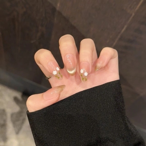 Faux ongles à presser effet œil de chat tulipe cristal, style printemps, faits main, dégradé doux rose nude, 10 pièces, vente en gros - Product Image 6
