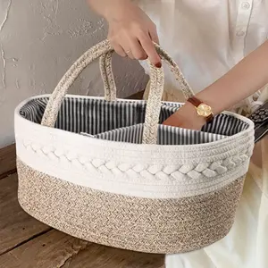 Cuerda de algodón tejido de almacenamiento cesta rectangular del pañal del bebé cesta de organizador de algodón cesta de cuerda