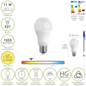 Bombilla LED estándar E27 de rosca. <span class=keywords><strong>11</strong></span> vatios. Equivalente a 90 vatios. 1055 lúmenes. Blanco Cálido (3000K). Regulable. - Product Image 1