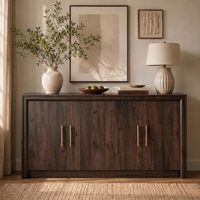Buffet moderne minimaliste à cannelures, meuble de rangement de 63 pouces en noyer avec profil biseauté pour salon, salle à manger, cuisine