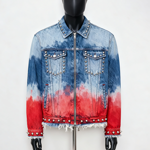 <span class=keywords><strong>Veste</strong></span> Denim Doger personnalisée en relief pour <span class=keywords><strong>homme</strong></span> Vestes en jean Streetwear à peinture rouge avec rivet et strass pour <span class=keywords><strong>homme</strong></span> - Product Image 1
