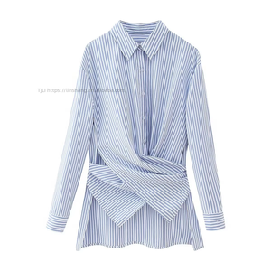 Women's Striped Front Shirt Collared Long Sleeve Tie-Back Casual Office Blouse <b>Top</b> Fashion - Product Image 1