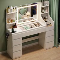 Coiffeuse avec grand miroir LED, luminosité réglable, 8 tiroirs, prise électrique, moderne, blanche, pour chambre à coucher