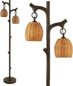 Nouveau Design Rustique Country Cottage Tronc d'arbre Faux Bois Colonne Résine Lampadaire Avec Abat-Jour En Rotin - Product Image 2